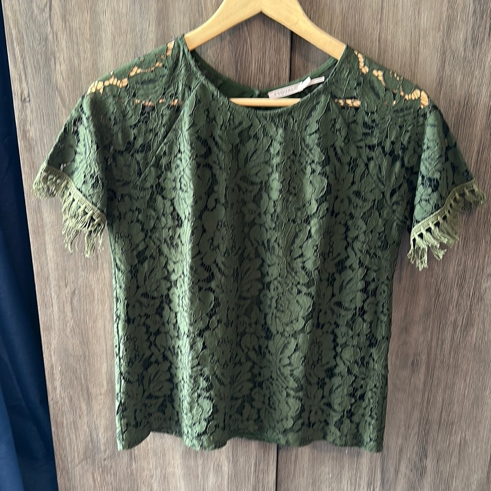 Esqualo Lace Top Green Short Sleeves with  Fringe Size 6
